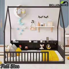 Bellemave® Wood House Floor Bed with Storage Shelves,Built-in LED Lights & Charging Station, Montessori Bed with Rails, No slats Bellemave®