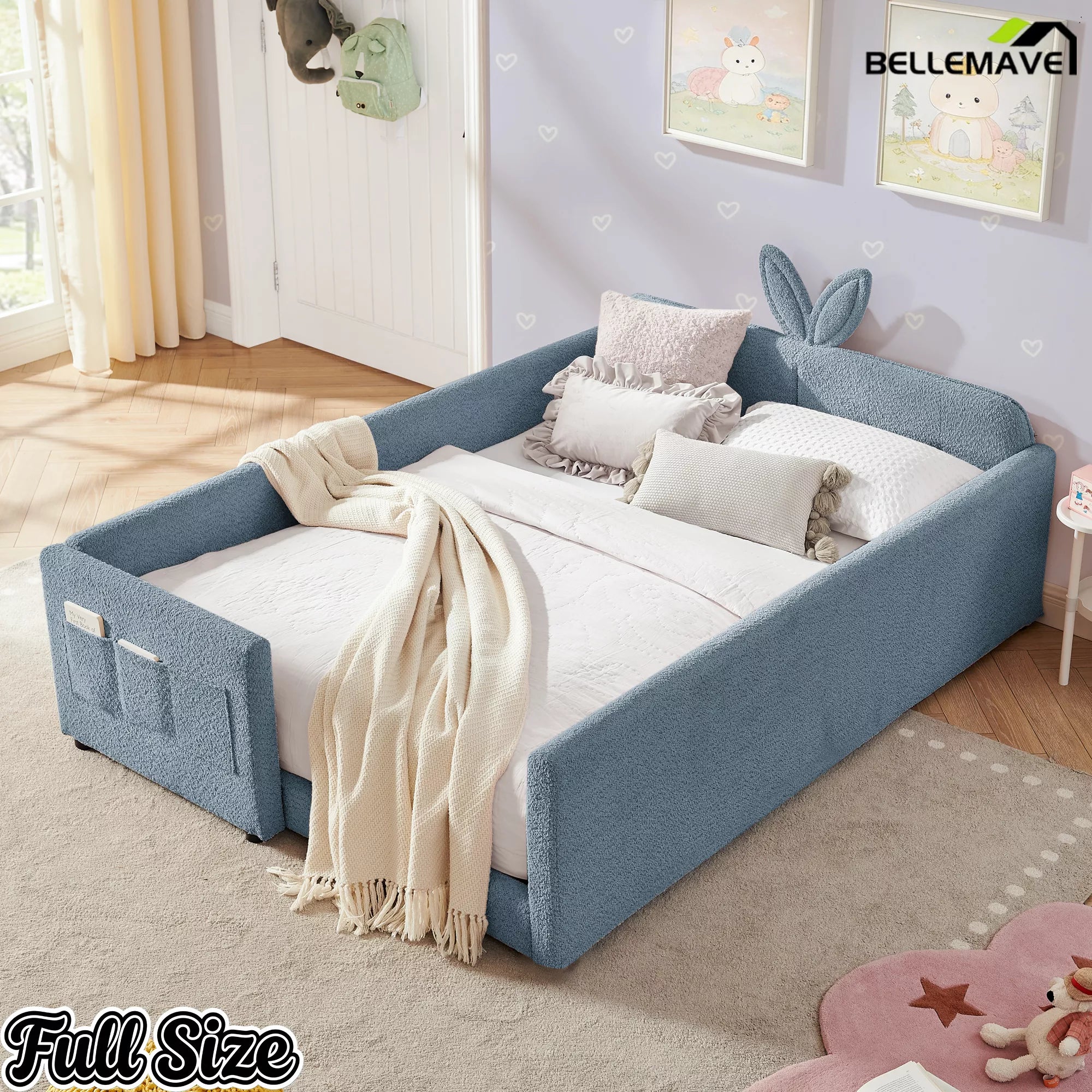 Full Size Upholstered Kids Platform Bed with Bunny Ear Headboard, Boucle Fabric Bed Frame with Safety Guardrails and Side Storage Pockets, Blue