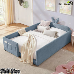 Full Size Upholstered Kids Platform Bed with Bunny Ear Headboard, Boucle Fabric Bed Frame with Safety Guardrails and Side Storage Pockets, Blue