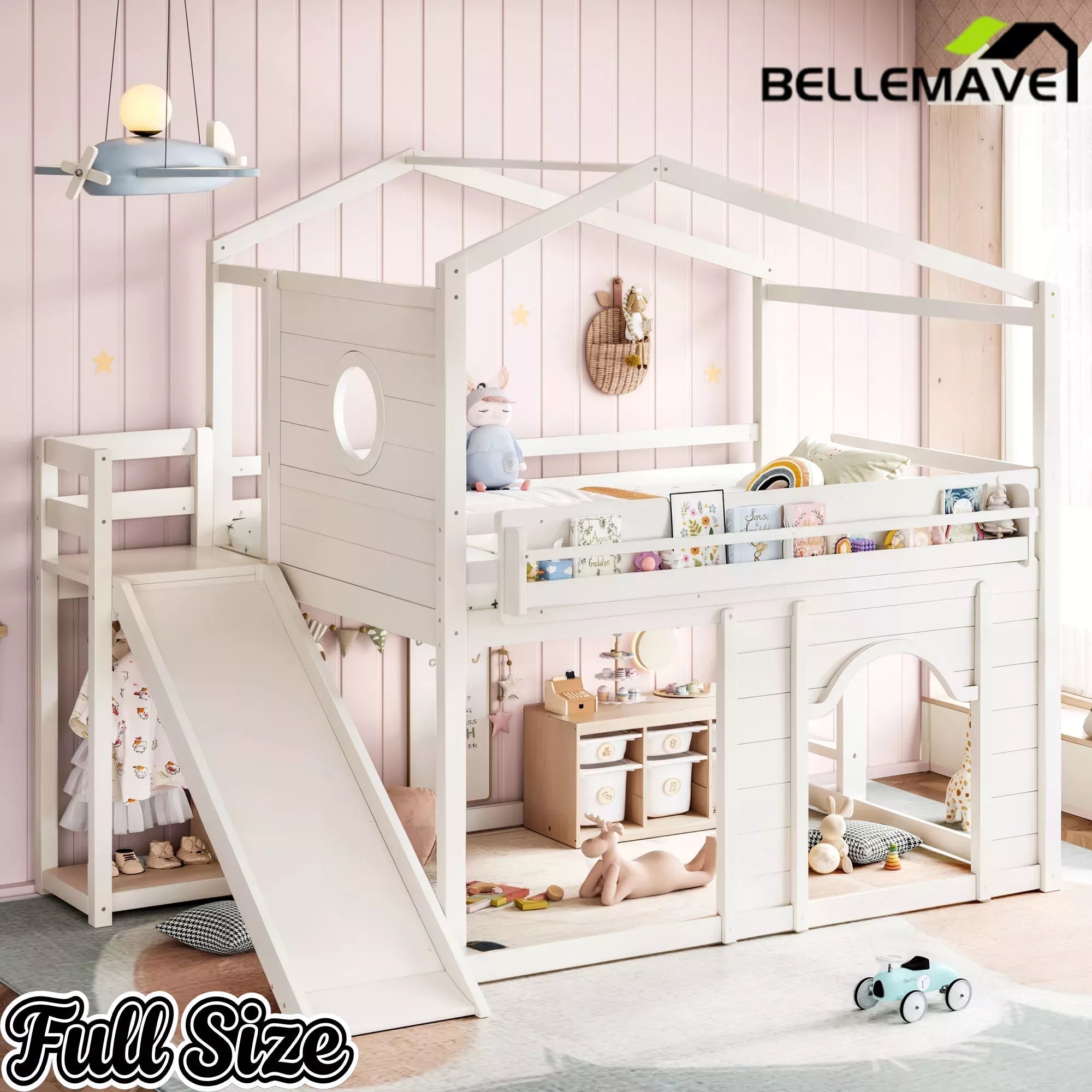 Bellemave® House Loft Bed with Slide, Bookshelves & Built-in Wardrobe | Natural Wood Playhouse Bunk Bed for Kids Bellemave®