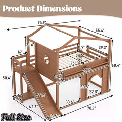 Bellemave® House Loft Bed with Slide, Bookshelves & Built-in Wardrobe | Natural Wood Playhouse Bunk Bed for Kids Bellemave®