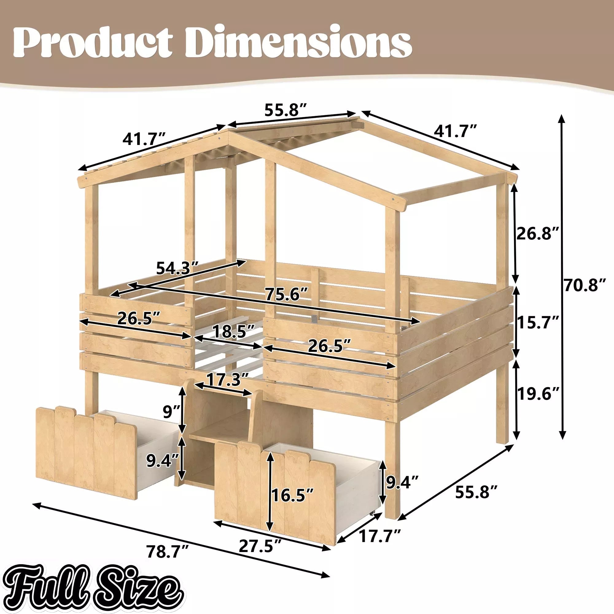 Bellemave® House Bed with Stairs & Storage Drawers for Kids, Wood Low Loft Bed Frame, House-shaped Roof, Childlike Design, Farmhouse Style Bellemave®
