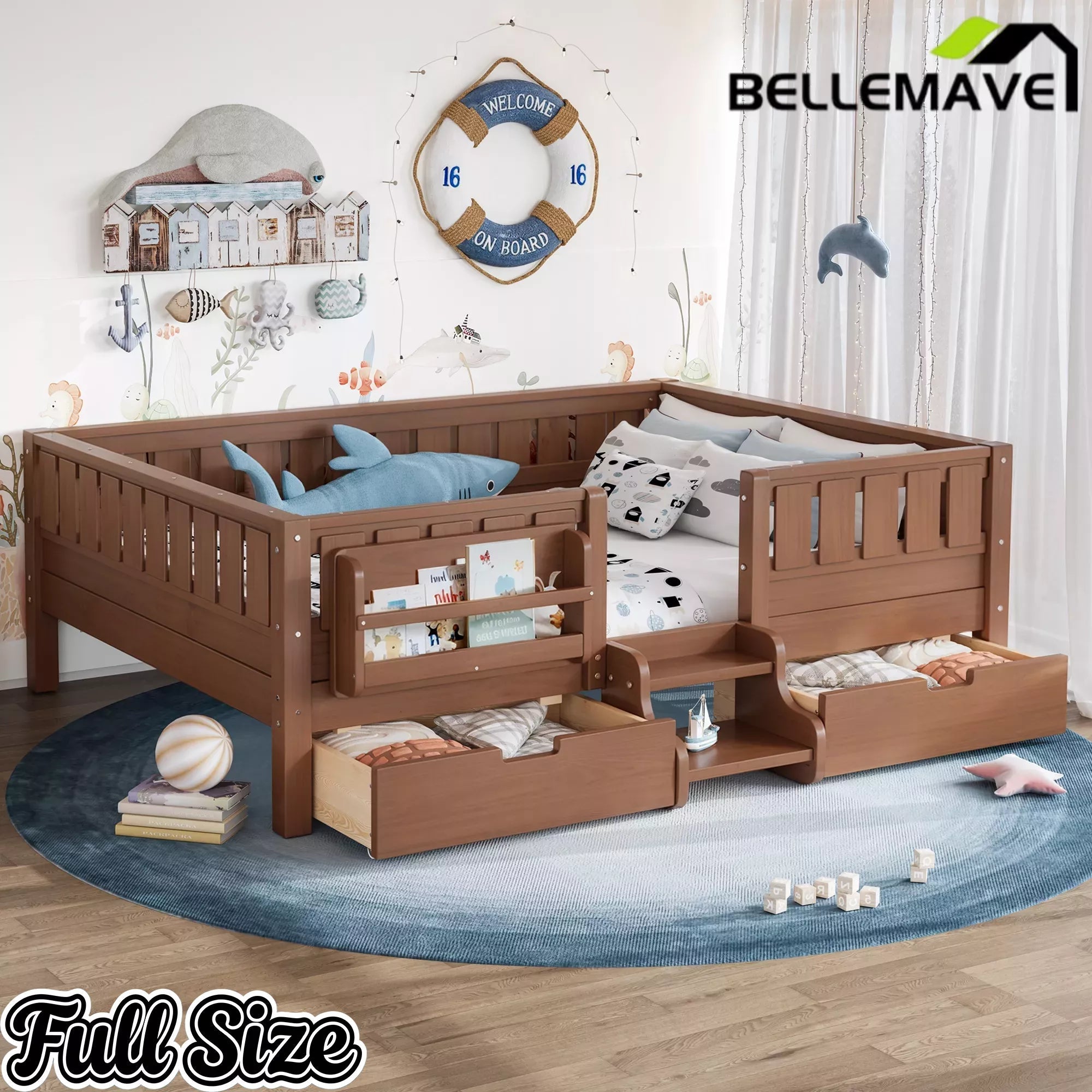 Bellemave® Montessori Bed with Stairs, Rails & Slats, Montessori Floor Bed with Bookshelf & 2 Storage Drawers for Girls & Boys Bellemave®