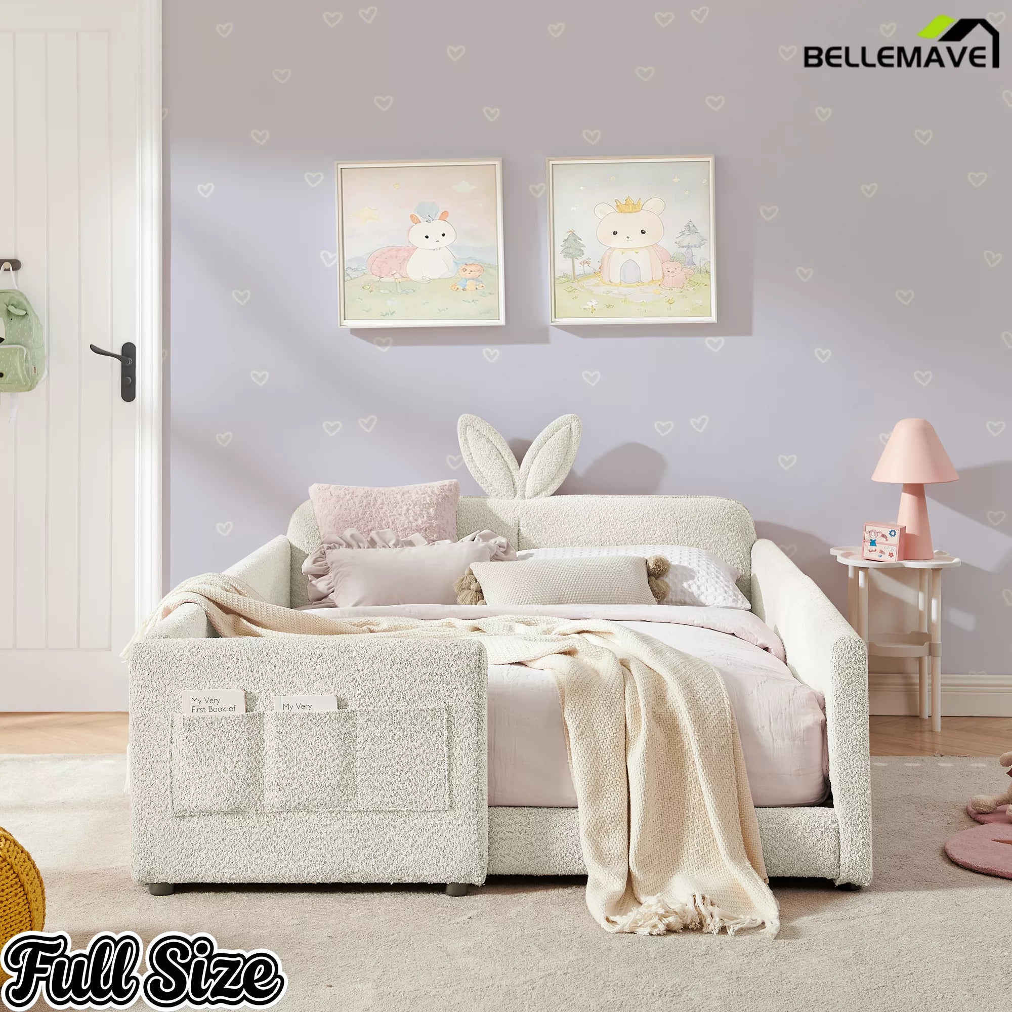 Full Size Kids Upholstered Platform Bed, Bunny Ear Headboard Boucle Bed Frame with Safety Rails & Side Storage Pockets, Cream White
