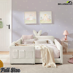 Full Size Kids Upholstered Platform Bed, Bunny Ear Headboard Boucle Bed Frame with Safety Rails & Side Storage Pockets, Cream White
