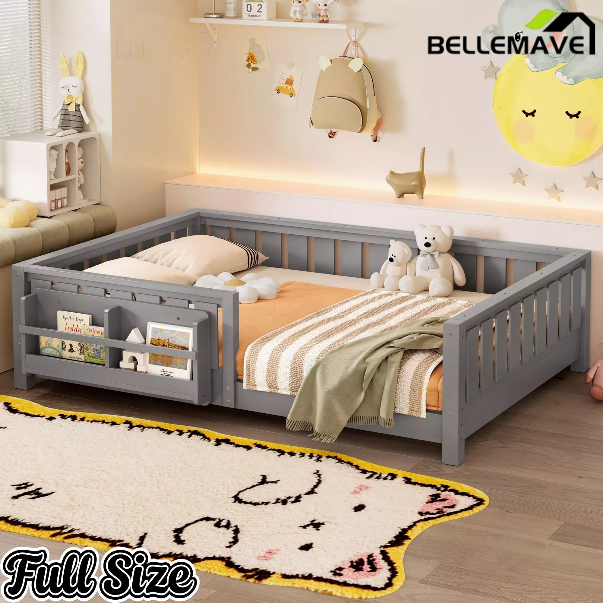 Bellemave® Kids Montessori Floor Bed with Safety Guardrails, Built-in Bookcase & Wooden Slats — Twin, Full, Queen Sizes Bellemave®