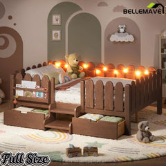 Bellemave® Kids Platform Bed with Guardrail, Bookshelf, Stairs & LED Lights