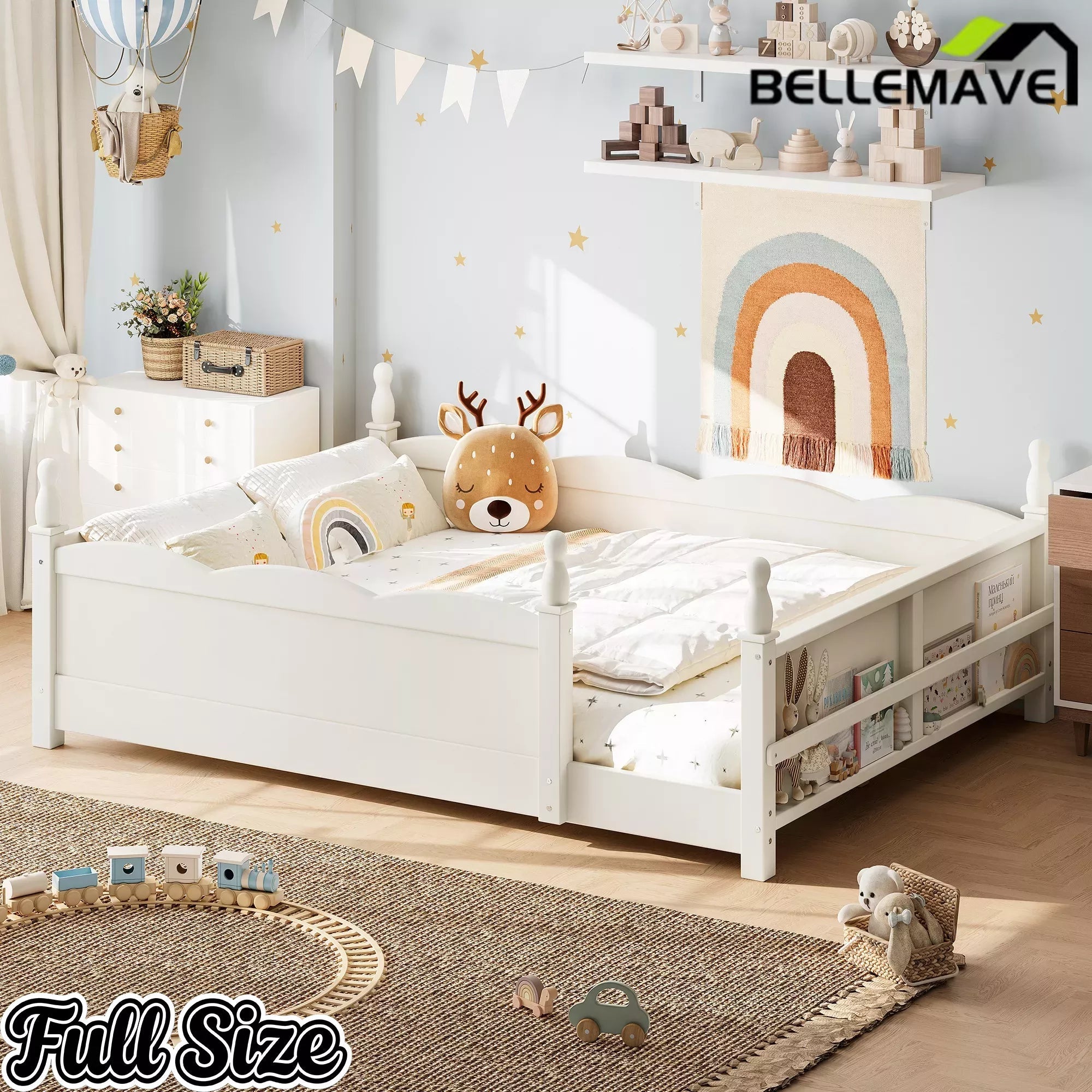 Bellemave® Floor Bed with Bookshelf & Safety Guardrails for Kids, Wooden Montessori Bed Frame with Childlike Design for Girls Boys Bellemave®