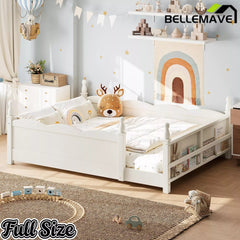 Bellemave® Floor Bed with Bookshelf & Safety Guardrails for Kids, Wooden Montessori Bed Frame with Childlike Design for Girls Boys Bellemave®