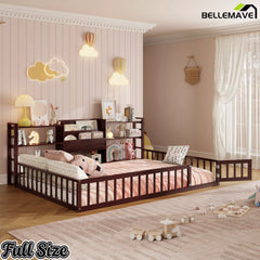 Bellemave® Floor Bed Frame with Bookcase and 3-Tier Storage Shelves, Montessori Style Kids Bed with Safety Fence