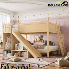 Bellemave® Full over Full Bunk Bed with Storage Shelves,Solid Wood Bed with Slide & Ladders, Low Profile Design Bellemave®