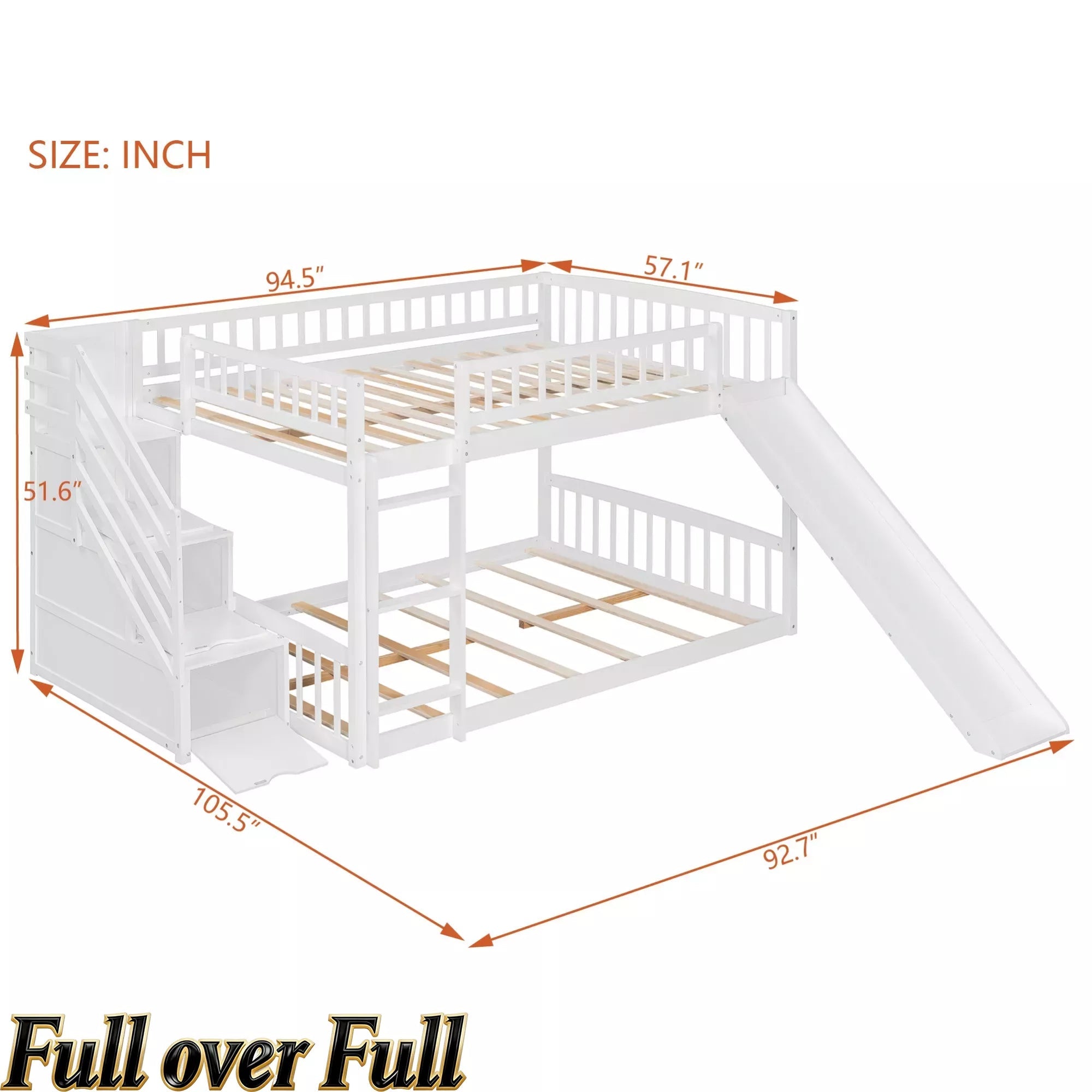 Bellemave® Full over Full Size Bunk Bed with Slide & Storage Stairs for Kids | Solid Wood Low Bunk with Safety Guardrails, No Box Spring, White Bellemave®