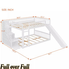 Bellemave® Full over Full Size Bunk Bed with Slide & Storage Stairs for Kids | Solid Wood Low Bunk with Safety Guardrails, No Box Spring, White Bellemave®