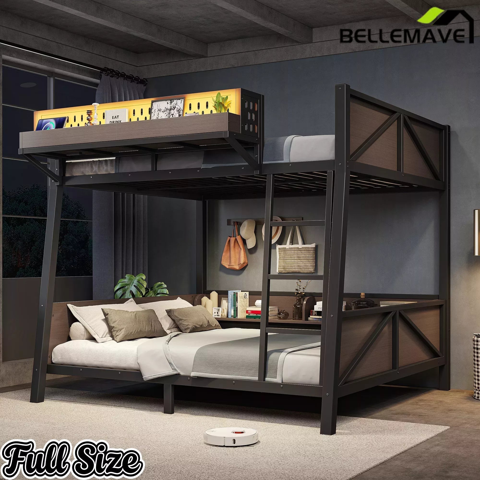 Bellemave® Heavy Duty Metal Bunk Bed Frame with Storage Shelves, LED Lights & USB Ports, Black Bellemave®