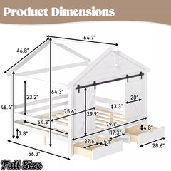 Bellemave® Farmhouse House Bed with Sliding Barn Door, Storage Drawers & Staircase, Wooden Kids House Bed Frame with Light
