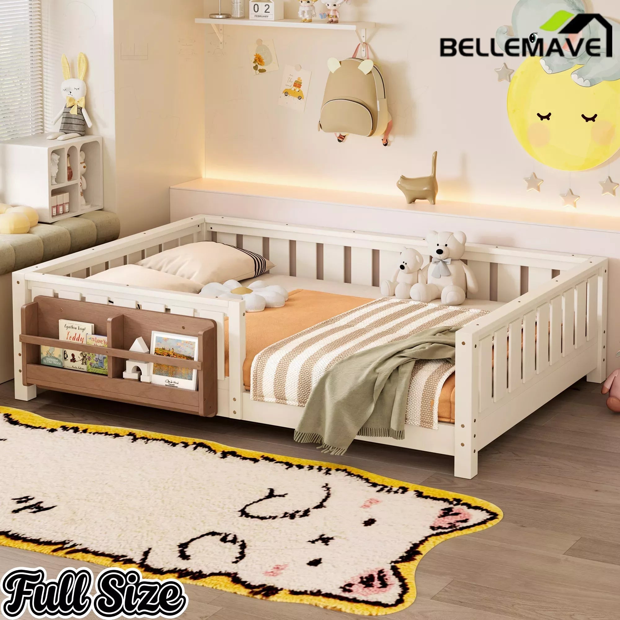 Bellemave® Kids Montessori Floor Bed with Safety Guardrails, Built-in Bookcase & Wooden Slats — Twin, Full, Queen Sizes Bellemave®