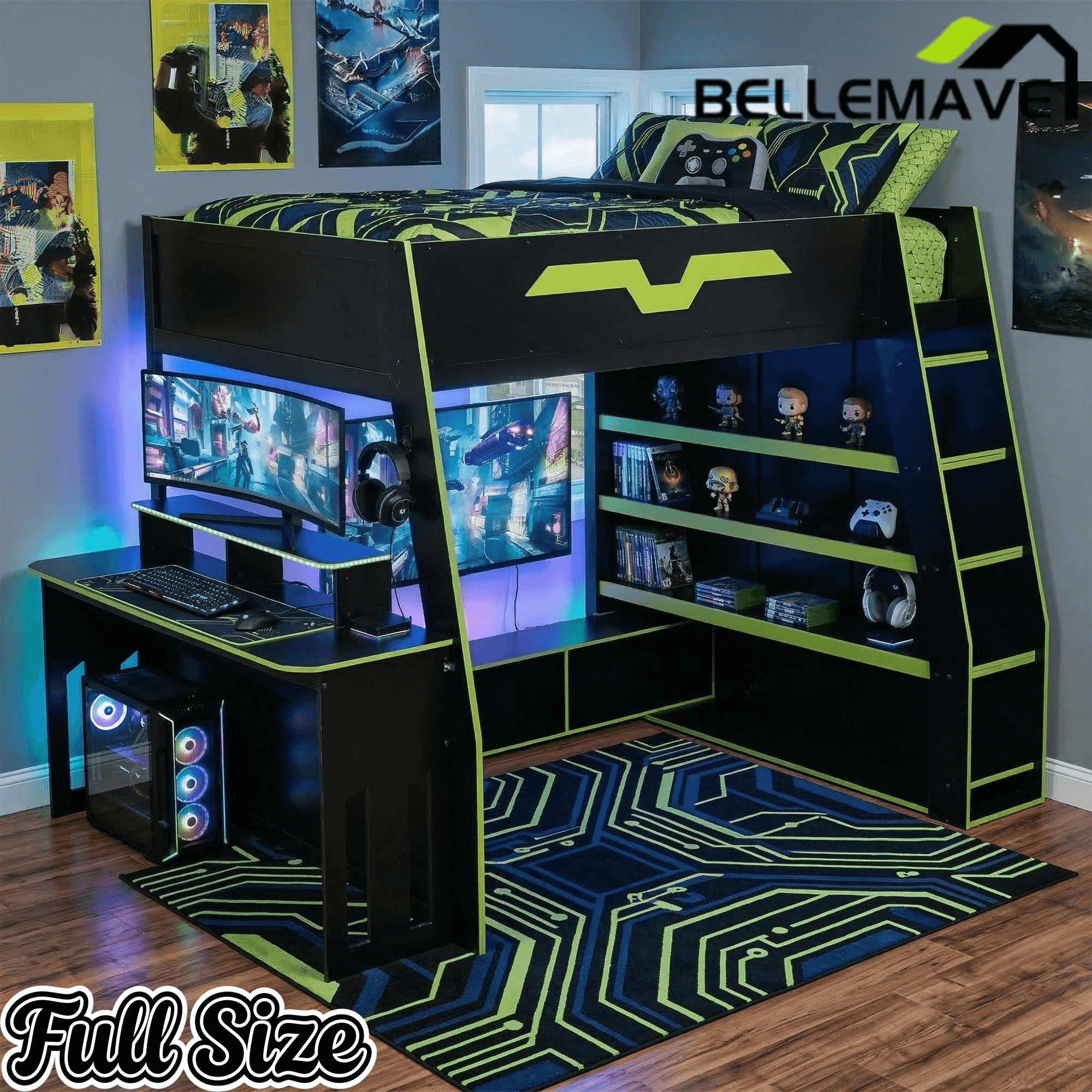 Bellemave® Gaming Loft Bed with Desk and Shelves,Esports Design for PC & Console Gamers,Full Size Wood Loft Bed Frame with RGB Light Bellemave®