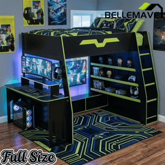 Bellemave® Gaming Loft Bed with Desk and Shelves,Esports Design for PC & Console Gamers,Full Size Wood Loft Bed Frame with RGB Light Bellemave®