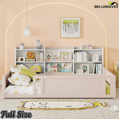 Wooden platform floor bed with fence style guardrails for kids