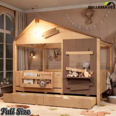 Bellemave® Wooden Farmhouse House Bed with Storage Drawers, Window Shelf & Side Hooks, Kids Playhouse Floor Bed