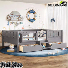 Bellemave® Montessori Bed with Stairs, Rails & Slats, Montessori Floor Bed with Bookshelf & 2 Storage Drawers for Girls & Boys Bellemave®