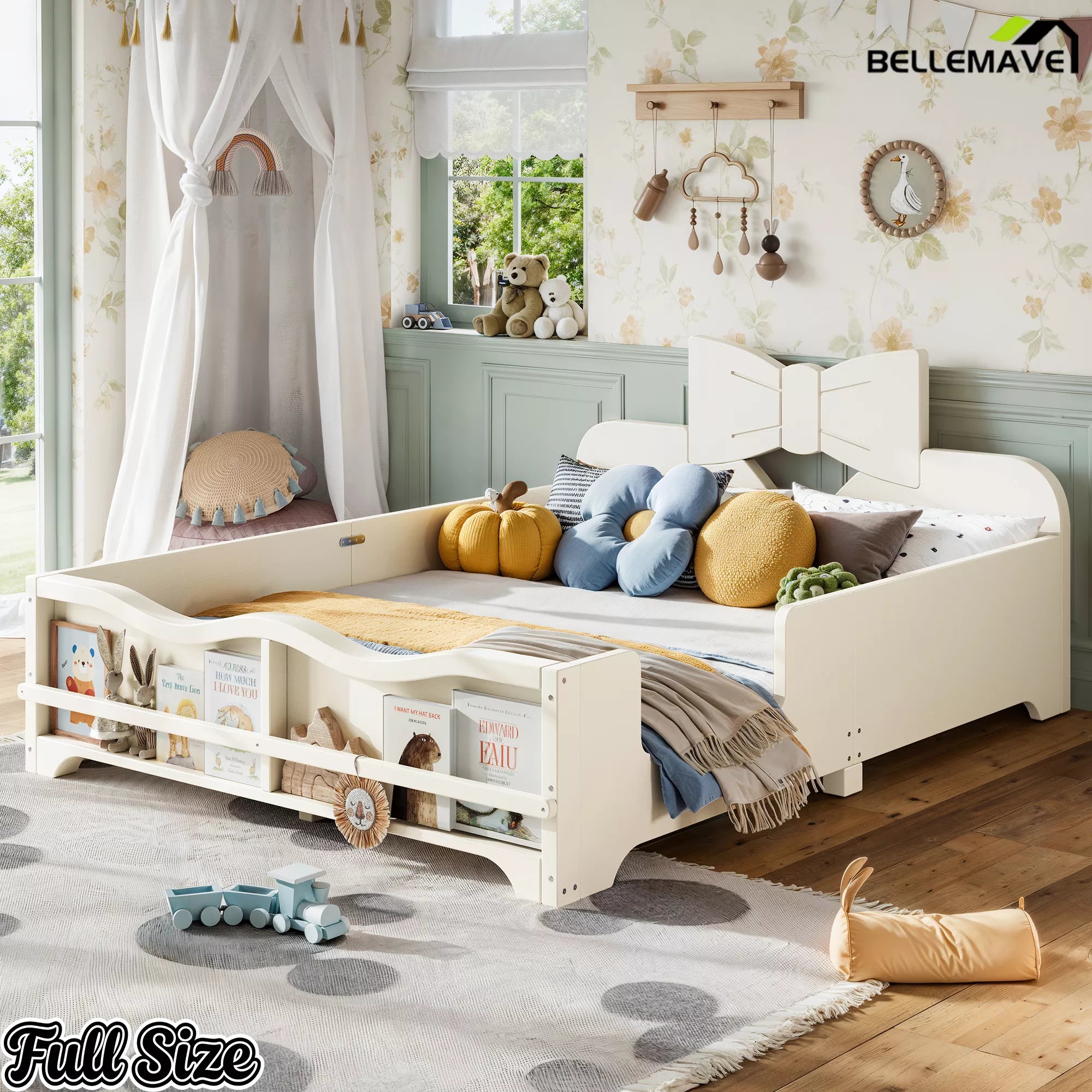 White full size Montessori kids bed frame with bow‑shaped headboard, safety side rails and built‑in book shelf for children bedroom