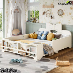 White full size Montessori kids bed frame with bow‑shaped headboard, safety side rails and built‑in book shelf for children bedroom