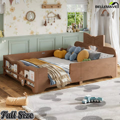 Walnut wood full size Montessori kids bed with bow‑shaped headboard and full perimeter safety rails in kids bedroom