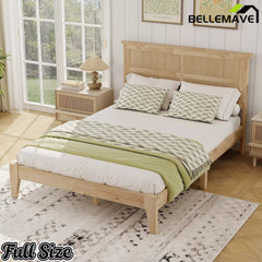 Bellemave® Boho Bed with Rattan Headboard — Solid Rubberwood Frame, Reinforced Base Bellemave®