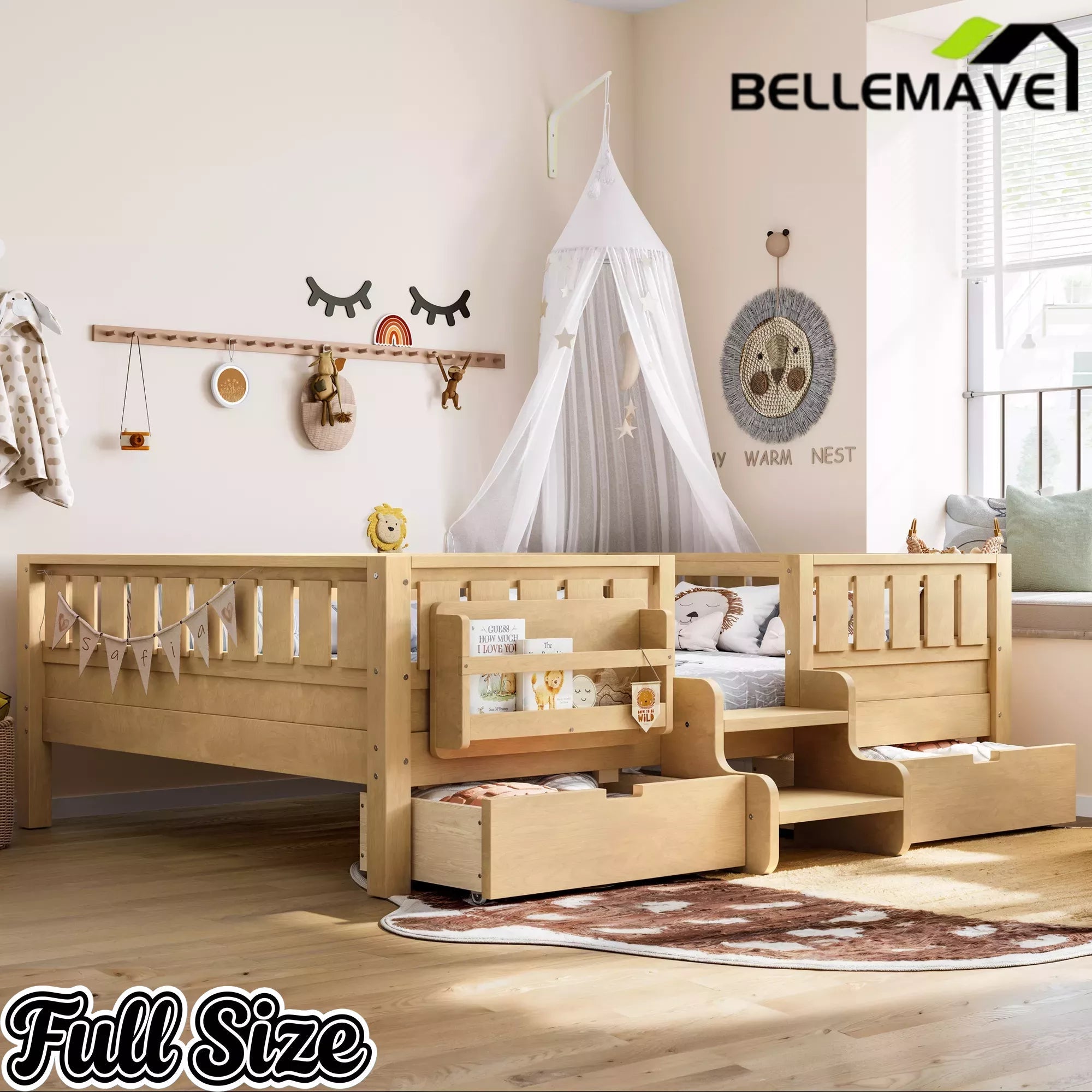 Bellemave® Kids Twin Size Montessori Bed Frame with Built-in Storage Shelves and Drawers, Floor Bed with Staircase and Full-Length High Rails,for Boys, Girls, Wood,Easy Assemble Bellemave®