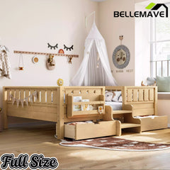 Bellemave® Kids Twin Size Montessori Bed Frame with Built-in Storage Shelves and Drawers, Floor Bed with Staircase and Full-Length High Rails,for Boys, Girls, Wood,Easy Assemble Bellemave®