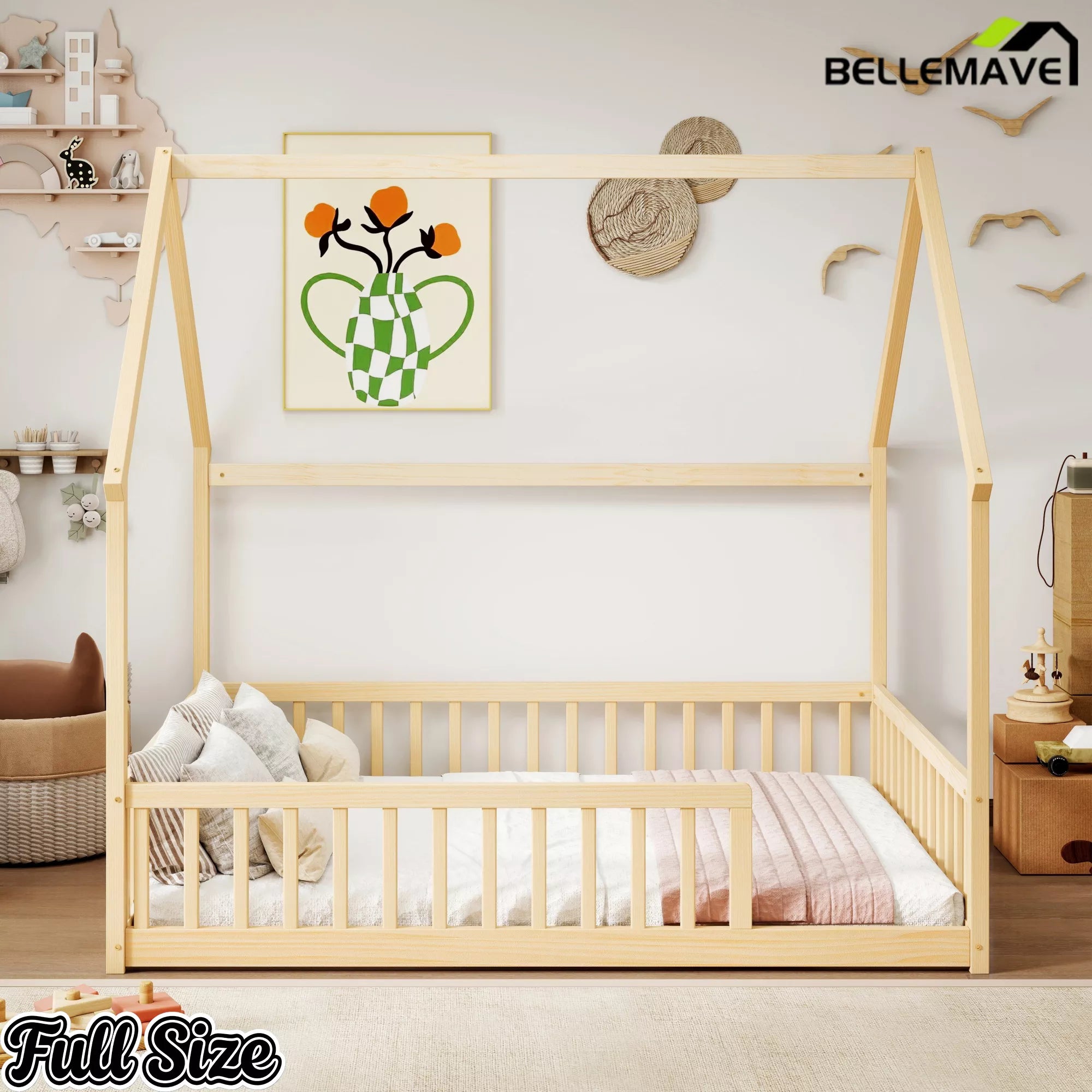 Bellemave® natural pine wood full house floor bed frame