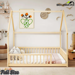 Bellemave® natural pine wood full house floor bed frame