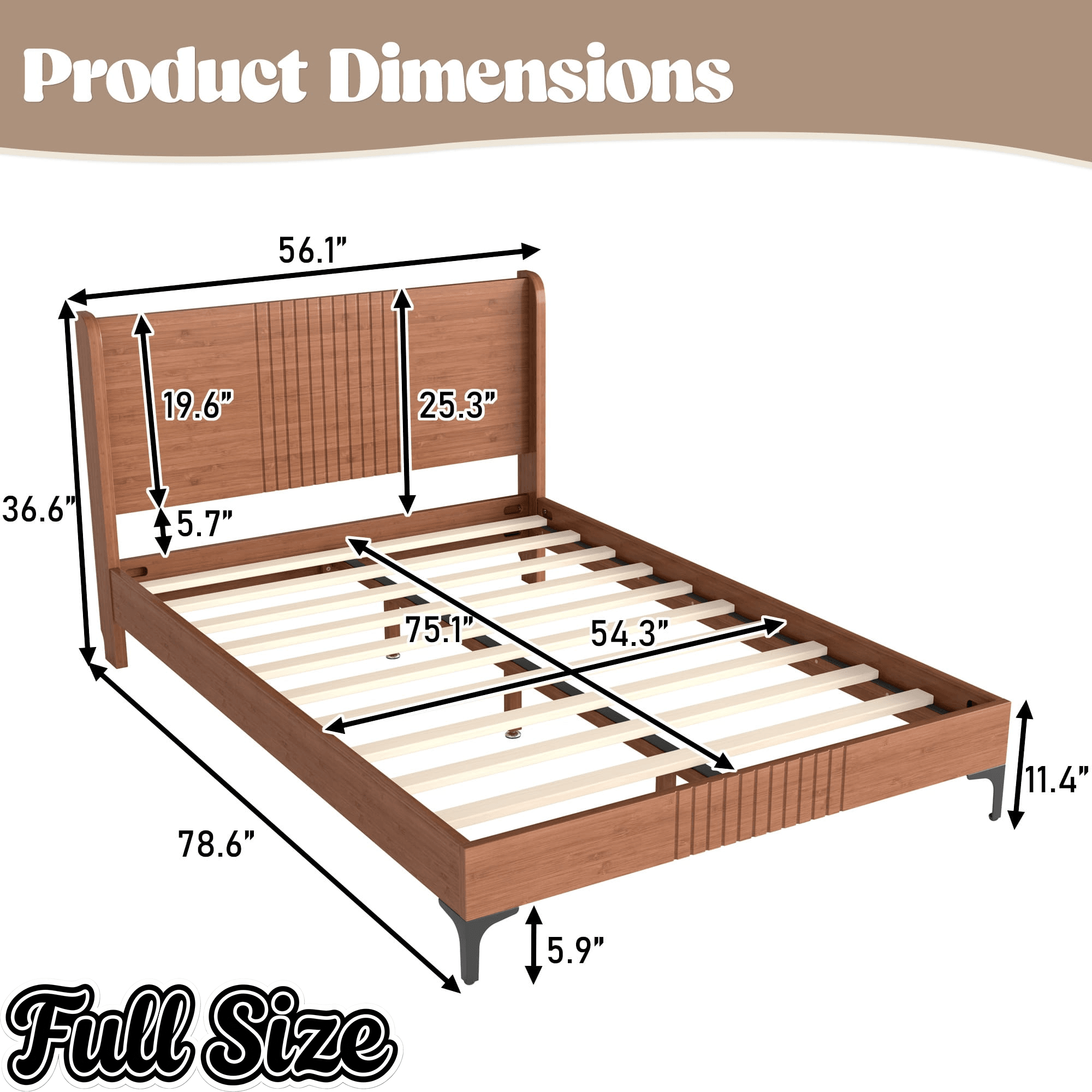 Bellemave® Solid Bamboo Platform Bed, Mid-Century Modern Bed Frame with Headboard, Round Corner Design Bellemave®