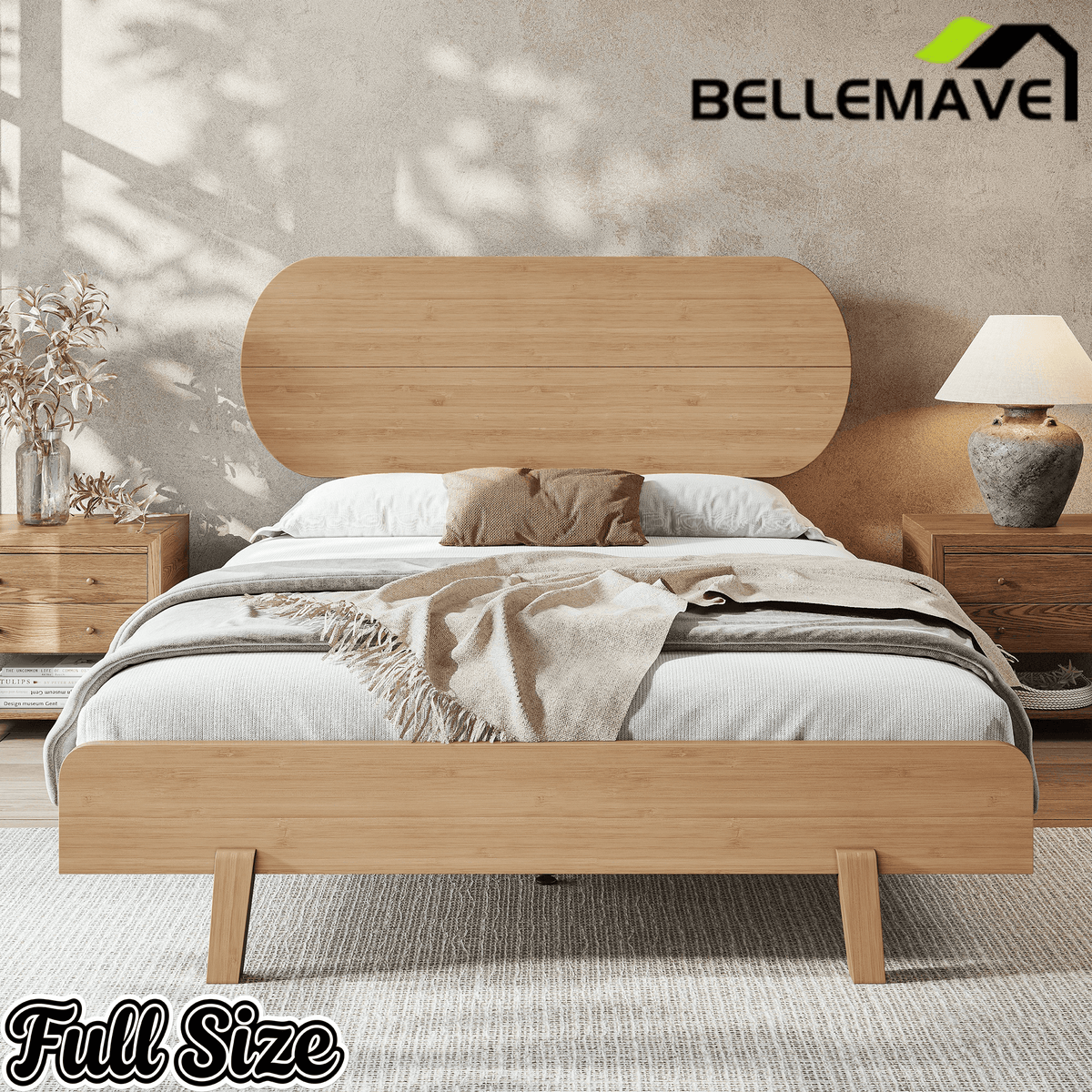 Bellemave® Bamboo Bed Frame with Headboard,Bamboo Platform Bed Frame with Rounded Headboard and Wood Slats,Easy Assembly Bellemave®