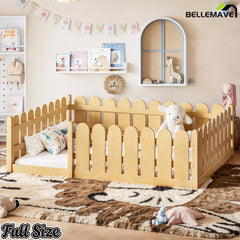 Bellemave® Solid Wood Montessori Floor Bed with Fence Guardrails, Low Profile Kids Floor Bed Frame