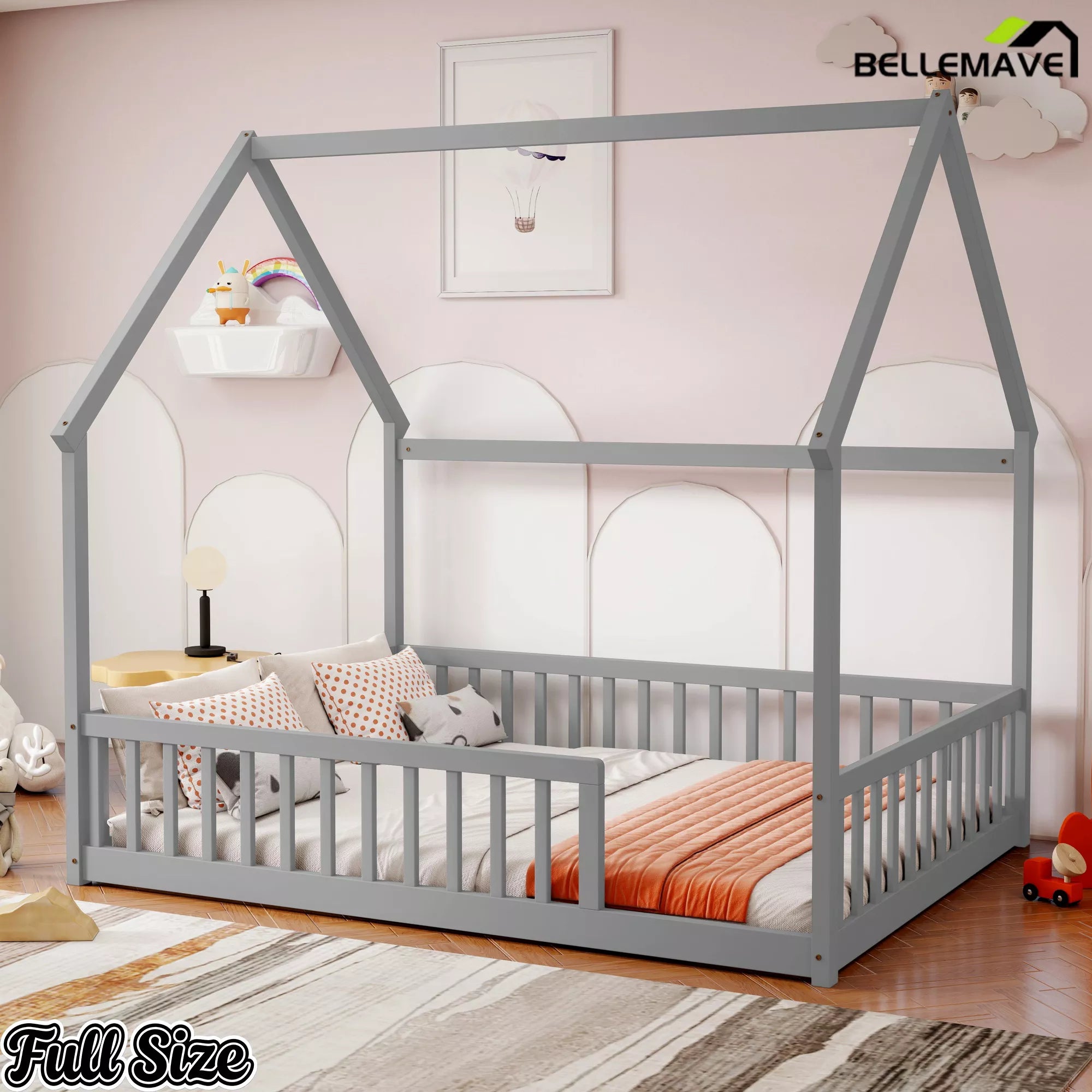 Side angle view of Bellemave® gray full wood floor bed