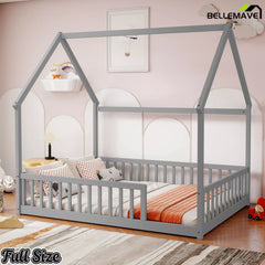 Side angle view of Bellemave® gray full wood floor bed