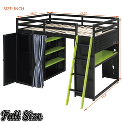 Bellemave® Full Gaming Loft Bed with Wardrobe & Desk & Charging Station & RGB Light,Wood Loft Bed Frame with Storage Shelves,Curtains & DIY Pegboard,Black Green Bellemave®