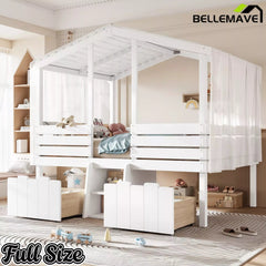 Bellemave® House Bed with Stairs & Storage Drawers for Kids, Wood Low Loft Bed Frame, House-shaped Roof, Childlike Design, Farmhouse Style Bellemave®