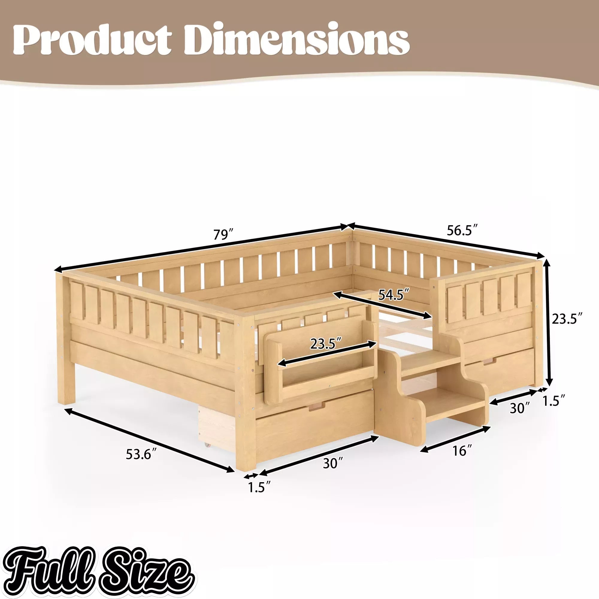 Bellemave® Kids Twin Size Montessori Bed Frame with Built-in Storage Shelves and Drawers, Floor Bed with Staircase and Full-Length High Rails,for Boys, Girls, Wood,Easy Assemble Bellemave®