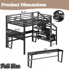 Bellemave® Loft Bed with Movable Desk, Storage Stairs & Shelves, Metal Bed with LED Lights, USB Ports, Multifunctional Iron Nets for Adults, Kids, Teens Bellemave®