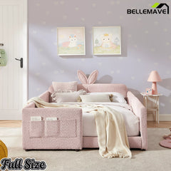 Full‑Size Boucle Upholstered Kids Bed Frame, Adorable Bunny Ear Headboard, Surround Safety Rails with Side Storage Pockets, Pink