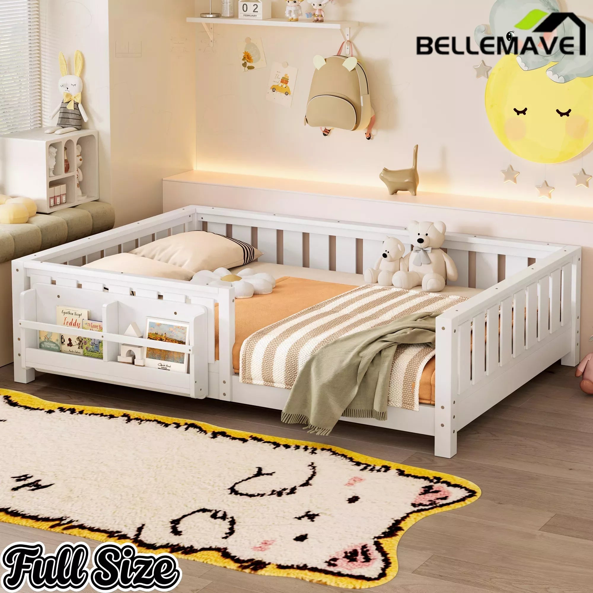 Bellemave® Kids Montessori Floor Bed with Safety Guardrails, Built-in Bookcase & Wooden Slats — Twin, Full, Queen Sizes Bellemave®