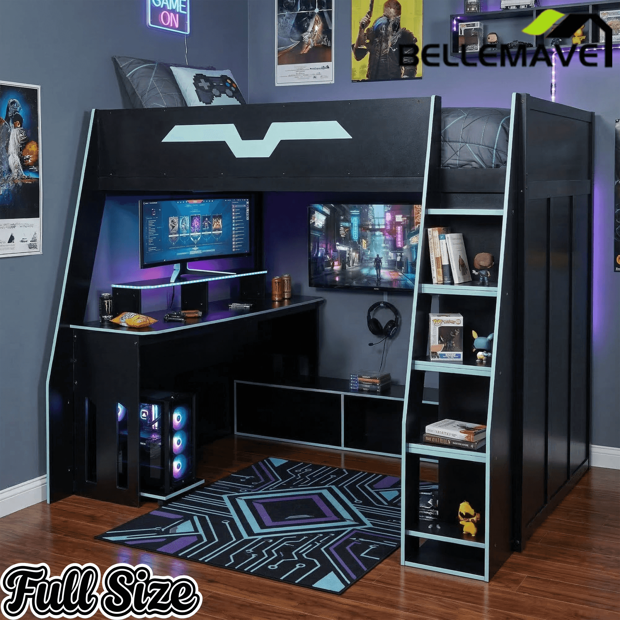 Bellemave® Gaming Loft Bed with Desk and Shelves,Esports Design for PC & Console Gamers,Full Size Wood Loft Bed Frame with RGB Light Bellemave®