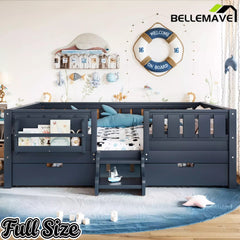 Bellemave® Montessori Bed with Stairs, Rails & Slats, Montessori Floor Bed with Bookshelf & 2 Storage Drawers for Girls & Boys Bellemave®