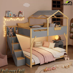 Bellemave® Twin Over Twin & Full Over Full House Bunk Bed with Stairs and 3-Color LED Lights for Kids and Teens
