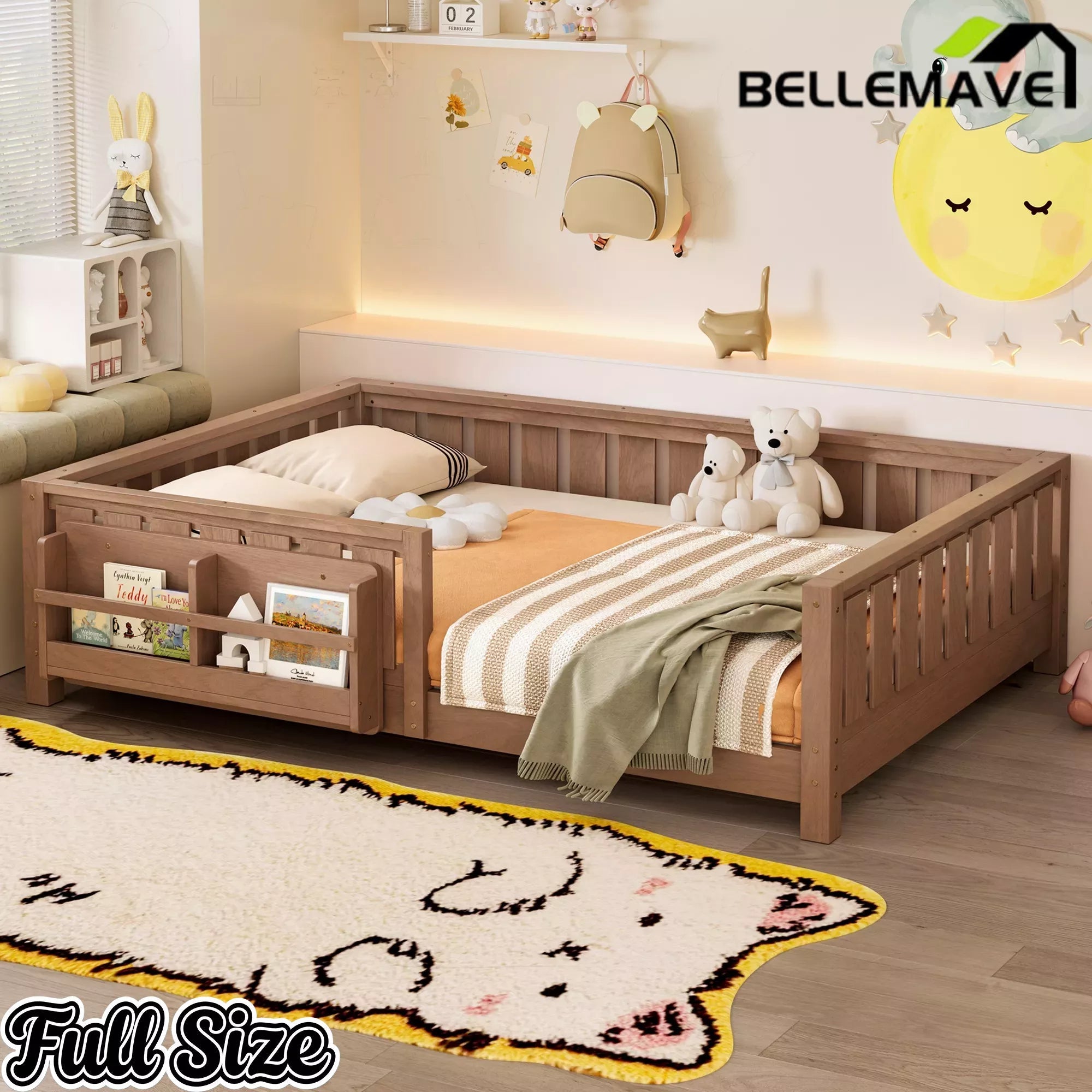 Bellemave® Kids Montessori Floor Bed with Safety Guardrails, Built-in Bookcase & Wooden Slats — Twin, Full, Queen Sizes Bellemave®