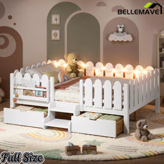 Bellemave® Kids Platform Bed with Guardrail, Bookshelf, Stairs & LED Lights