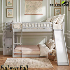 Bellemave® Full over Full Size Bunk Bed with Slide & Storage Stairs for Kids | Solid Wood Low Bunk with Safety Guardrails, No Box Spring, White Bellemave®